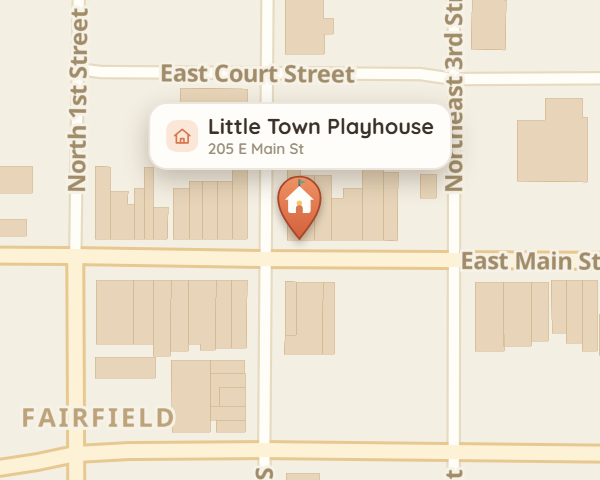 Map of 205 East Main Street, Fairfield, IL — Little Town Playhouse, next door to Fusion Coffee.